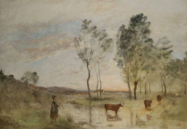 Kühe am Ufer des Gue, c.1870/75 | Corot | Gemälde Reproduktion
