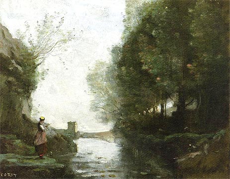 Le cours d'eau a la tour carree | Corot | Painting Reproduction