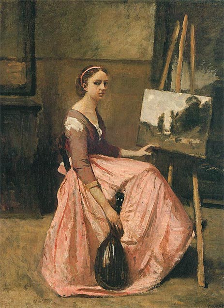 Young Woman in a Red Dress Holding a Mandolin, c.1860 by Corot | Painting Reproduction