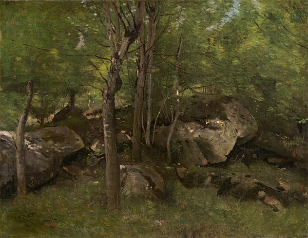 Felsen im Wald von Fontainebleau, c.1860/65 | Corot | Gemälde Reproduktion