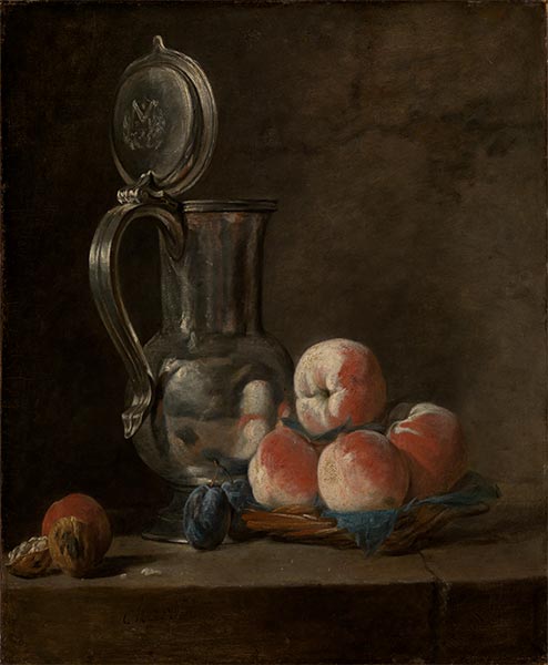 Stillleben mit Zinnkrug und Pfirsichen, c.1728 | Chardin | Gemälde Reproduktion