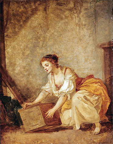 A Young Girl Lifting a Chest, undated | Jean-Baptiste Greuze | Painting Reproduction
