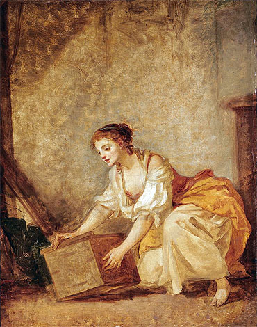 Ein Mädchen, das eine Truhe hebt, n.d. | Jean-Baptiste Greuze