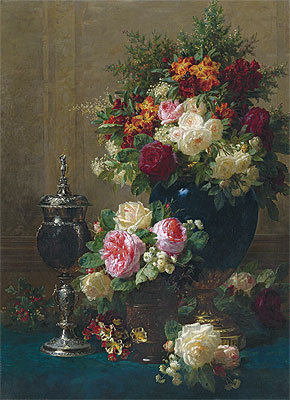 Still Life of Flowers with a Coconut Chalice on a Table, 1873 | Jean-Baptiste Robie | Painting Reproduction
