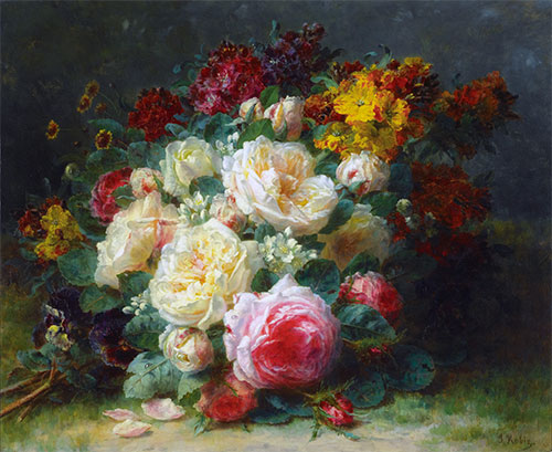 A Bouquet of Cabbage Roses, undated | Jean-Baptiste Robie | Painting Reproduction