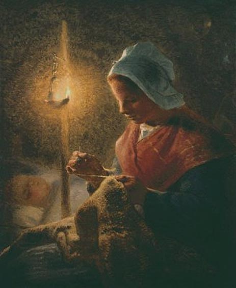 Woman Sewing by Lamplight, c.1870/72 by Millet | Painting Reproduction