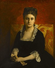 Porträt einer Frau im schwarzen Kleid mit einem ..., 1874 von Jean-Paul Laurens | Gemälde-Reproduktion