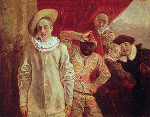 Harlekin, Pierrot und Scapin, Schauspieler der Commedia dell'Arte | Watteau | Gemälde Reproduktion
