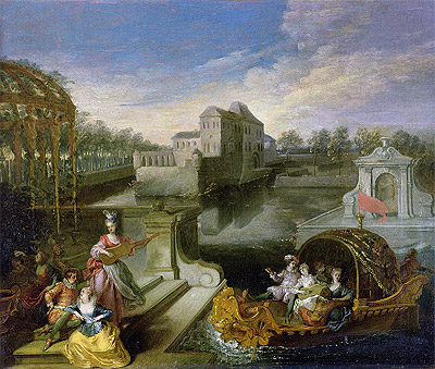 The Spring: Fete Champetre in a Water Garden with Figures in a Boat, n.d. | Watteau | Gemälde Reproduktion