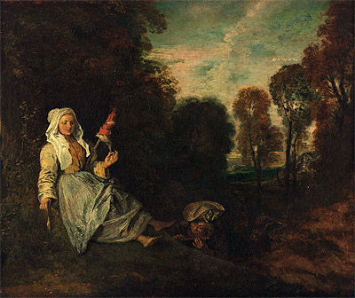 Evening Landscape with Spinner, c.1713/17 | Watteau | Painting Reproduction