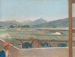 Blick auf das Mont-Blanc-Massiv aus dem Atelier des Künstlers bei Genf, mit einem Selbstporträt | Jean Etienne Liotard | Gemälde Reproduktion
