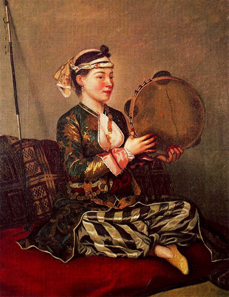 Girl in Turkish Costume with Tambourine, c.1738/43 by Jean Etienne Liotard | Painting Reproduction