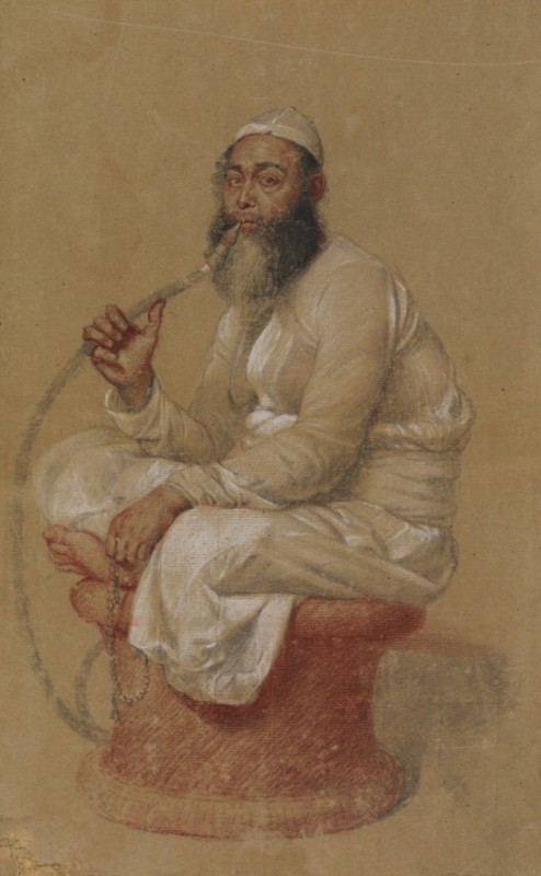 Jean Etienne Liotard | Mann auf einem Hocker sitzend und eine Wasserpfeife rauchend, c.1748/53 Mann auf einem Hocker sitzend und eine Wasserpfeife rauchend, c.1748/53 | Jean Etienne Liotard