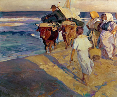 Abschleppen im Boot, Strand von Valencia, 1916 | Sorolla y Bastida | Gemälde Reproduktion
