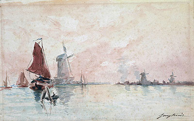 Boats on a Canal and Windmills near Dordrecht, n.d. | Jongkind | Painting Reproduction