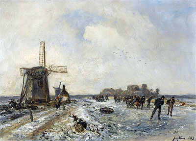 Skaters on a Frozen Waterway, 1863 by Jongkind | Painting Reproduction