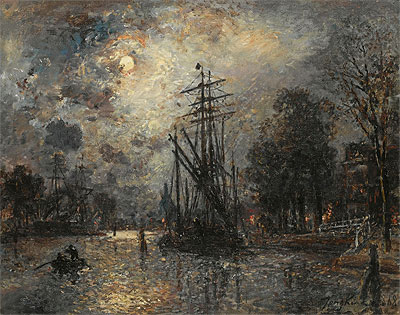 Sailing Boat in Moonshine, Holland, 1868 by Jongkind | Painting Reproduction