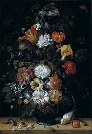 Bouquet of Flowers with Animals, 1704 by Johann Adalbert Angermeyer | Painting Reproduction