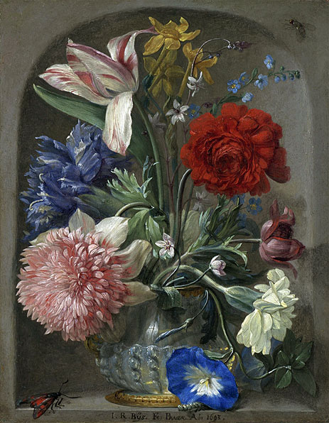 Blumen in einer Vase in einer Steinnische, 1693 | Johann Rudolf Byss | Gemälde Reproduktion