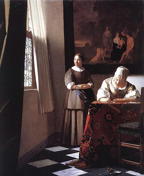 Lady Writing a Letter with Her Maid, c.1670 | Vermeer | Painting Reproduction