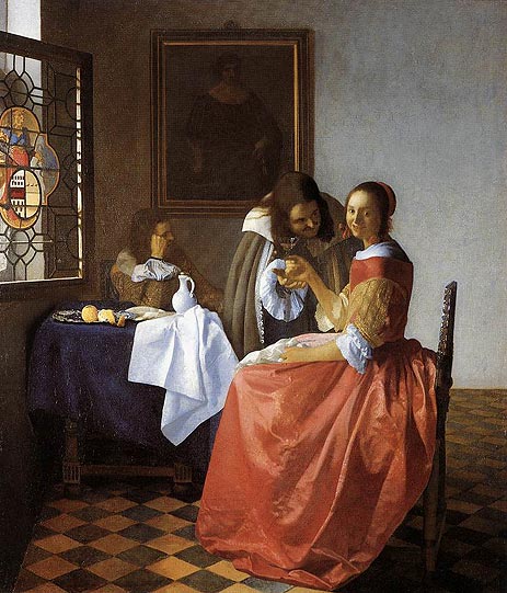 A Lady and Two Gentlemen (The Girl with the Wineglass), c.1658/59 by Vermeer | Painting Reproduction