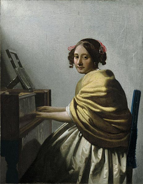 A Young Woman Seated at the Virginals, c.1670 by Vermeer | Painting Reproduction
