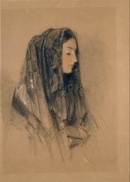 Kopf eines italienischen Mädchens in einer Mantilla | John Frederick Lewis | Gemälde Reproduktion