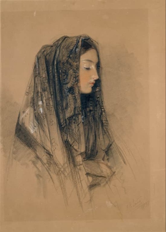 Kopf eines italienischen Mädchens in einer Mantilla, 1838 | John Frederick Lewis