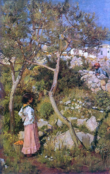 Two Little Italian Girls by a Village, c.1889 | Waterhouse | Painting Reproduction