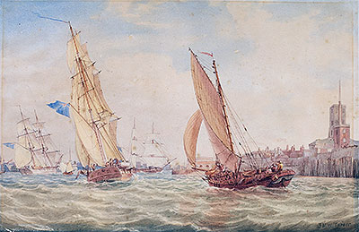 Three Sloops of War and a Fishing Smack going into Harbour, Portsmouth, c.1800/30 | J. M. W. Turner | Gemälde Reproduktion