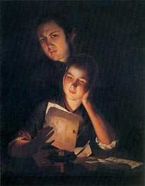 A Girl reading a Letter by Candlelight with a Young Man, c.1760/62 von Wright of Derby | Gemälde-Reproduktion