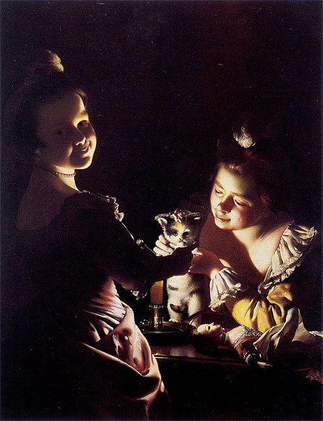 Two Girls Dressing a Kitten by Candlelight, c.1768/70 | Wright of Derby | Painting Reproduction