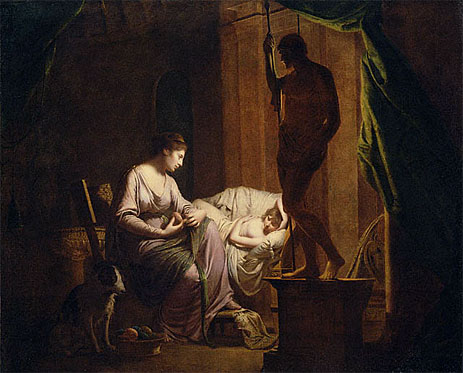 Penelope, die bei Lampenlicht ihr Gewebe auftrennt | Wright of Derby | Gemälde Reproduktion