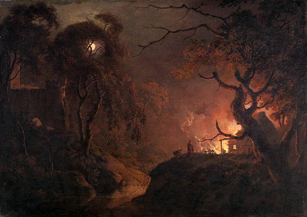Cottage on Fire at Night, c.1785/93 | Wright of Derby | Painting Reproduction
