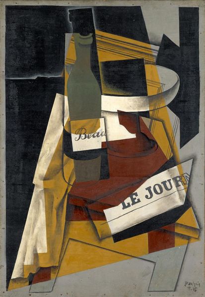 Flasche, Zeitung und Obstschale, 1916 von Juan Gris | Gemälde-Reproduktion