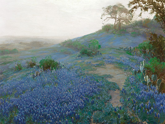 Blaue Wiesenlupine Feld, am frühen Morgen, San Antonio, Texas, 1914 | Julian Onderdonk | Gemälde Reproduktion