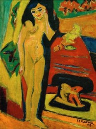 Nacktes Mädchen hinter Vorhang (Fränzi), 1910 von Ernst Ludwig Kirchner | Gemälde-Reproduktion
