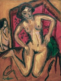 Kniender Mädchenakt vor rotem Wandschirm, 1912 von Ernst Ludwig Kirchner | Gemälde-Reproduktion