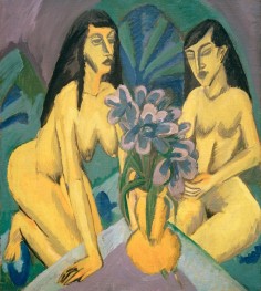 Zwei gelbe Akte mit Blumenstrauß, 1914 von Ernst Ludwig Kirchner | Gemälde-Reproduktion