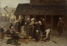 The Market Place of Ploudalmézeau, Brittany, 1877 by Leon-Augustin Lhermitte | Painting Reproduction