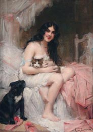 Beauty in Bed with Kitten and Black Dog, undated by Leon Comerre | Painting Reproduction