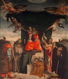 Maria mit dem Kind und den Heiligen Josef, Bernardin von Siena, Johannes dem Täufer und Antonius Abbas | Lorenzo Lotto | Gemälde Reproduktion