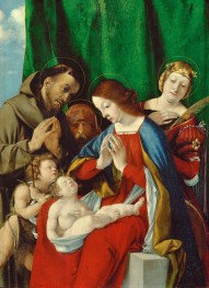 Madonna mit Kind, dem Heiligen Franziskus, dem Heiligen Johannes dem Täufer, dem Heiligen Hieronymus und der Heiligen Katharina von Alexandria | Lorenzo Lotto | Gemälde Reproduktion