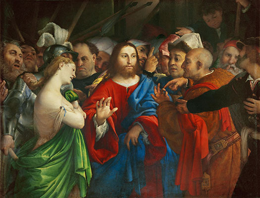 The Woman Taken in Adultery, c.1527/29 by Lorenzo Lotto | Painting Reproduction