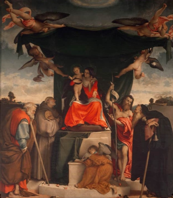 Lorenzo Lotto | Maria mit dem Kind und den Heiligen Josef, Bernardin von Siena, Johannes dem Täufer und Antonius Abbas, 1521 Maria mit dem Kind und den Heiligen Josef, Bernardin von Siena, Johannes dem Täufer und Antonius Abbas, 1521 | Lorenzo Lotto