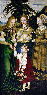 Saint Dorothy Receiving Roses from a Young Boy (St. Catherine Altarpiece - Left Panel), 1506 | Lucas Cranach | Painting Reproduction