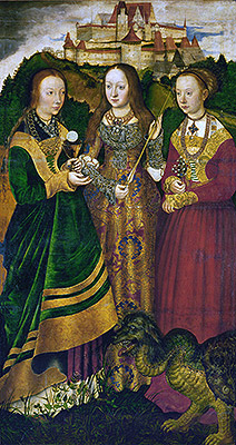 Saint Barbara with Chalice and Host, Saint Ursula with Arrow and Saint Margaret with the Dragon (St. Catherine Altarpiece - Right Panel), 1506 | Lucas Cranach | Painting Reproduction