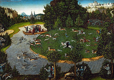 Stag Hunt of Elector Friedrich der Weise of Saxony, Emperor Maximilian I and Elector Johann der Bestaendige, 1529 | Lucas Cranach | Painting Reproduction