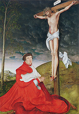 Cardinal Albrecht of Brandenburg Kneeling before Christ on the Cross, c.1520/29 | Lucas Cranach | Gemälde Reproduktion