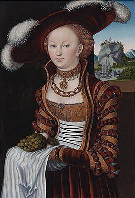 Portrait of a Young Lady Holding Grapes and Apples , 1528 by Lucas Cranach | Painting Reproduction